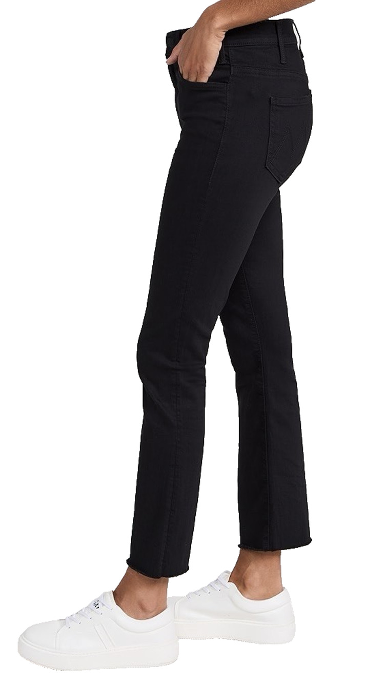 MOTHER The Hustler Ankle Fray Jeans 27 Black High Rise Flare Raw Hem Stretch